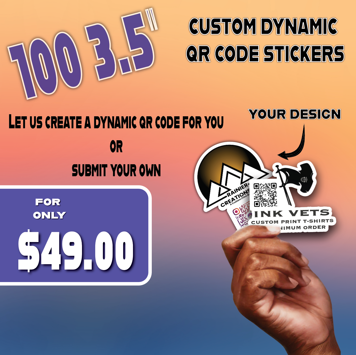 100 3.5" Custom Dynamic QR Code Stickers